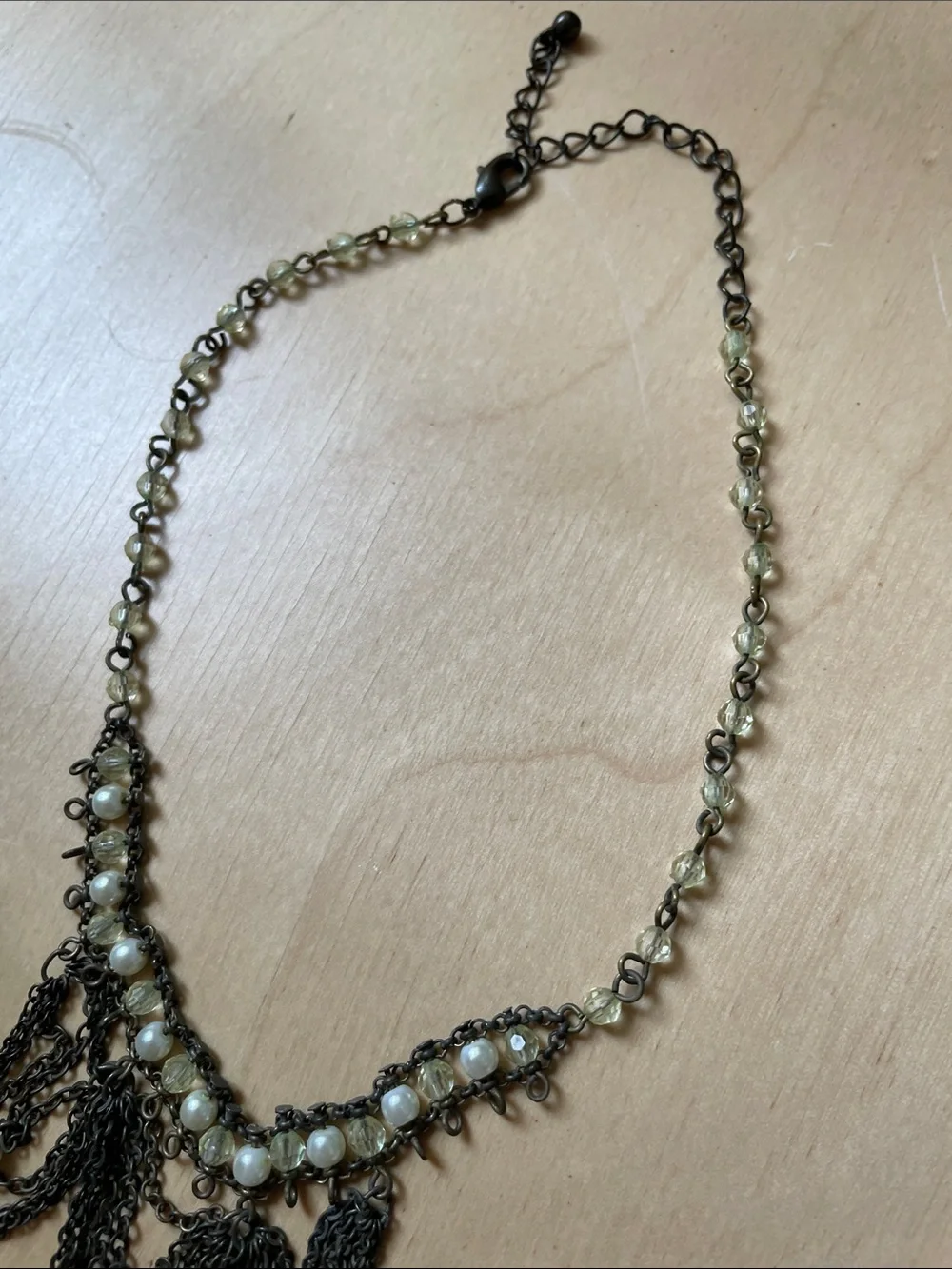 Vintage-Inspired Bronze Chain Choker Necklace -Light Chartreuse and Cream Beads